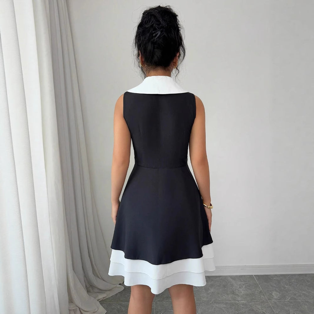 Sleeveless tweed style silmdress women's  summer waist slimming lookelegant hem contrast color vest short skirt