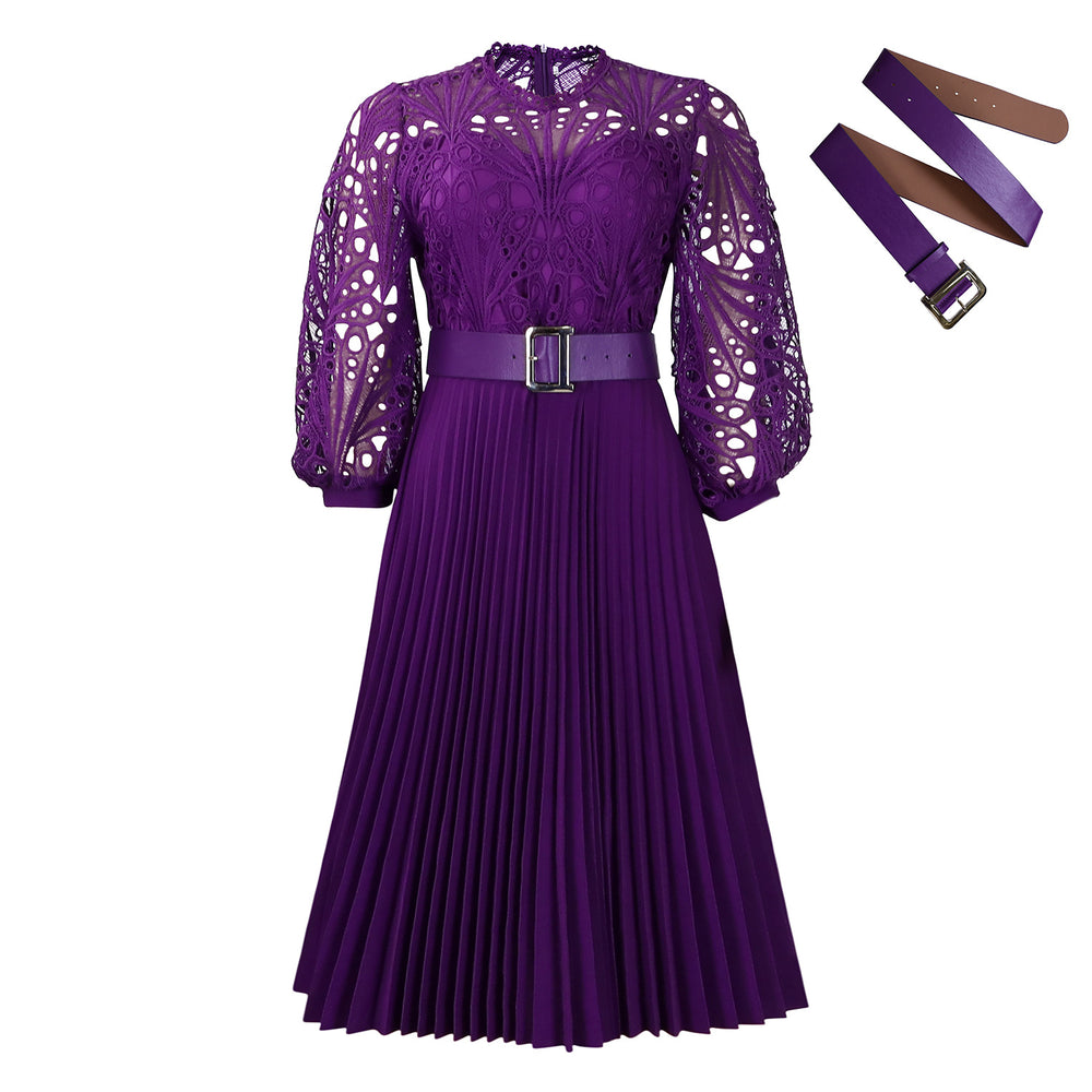 C8595 european and american export women's clothing  new arrival elegant solid color lace crochet hollow-out pleated cross-border dress