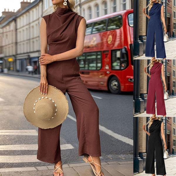 popular European and American summer hot-selling  leisure commuting drape sleeveless solid color swing collar wide-leg jumpsuit