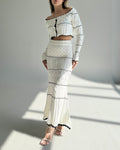 Autumk-styleelegantcontrast colorround neckshortknittingcardiganfishtail skirtcut outcrochetknittingtwo-piece set