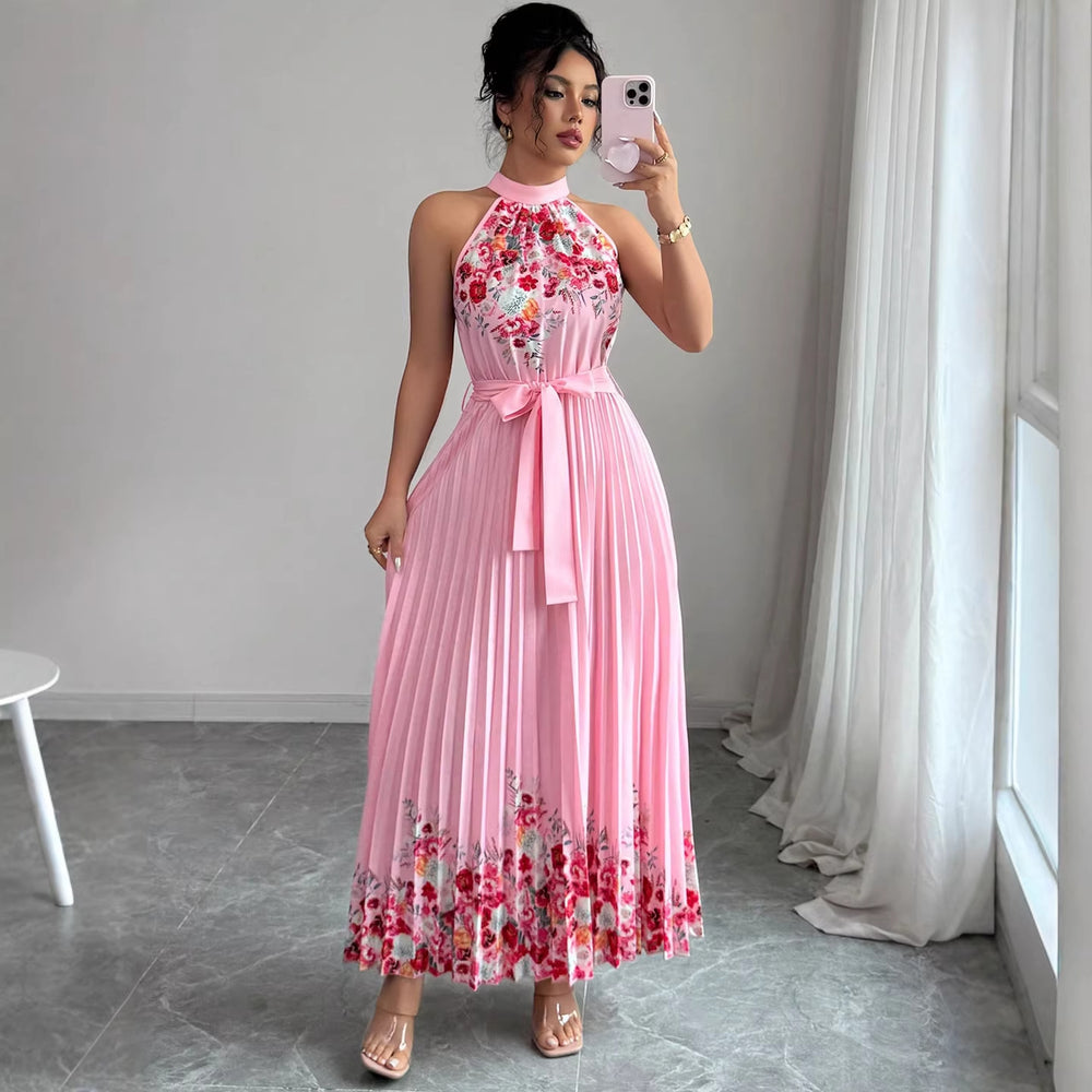 European and american cross-border women's summer  elegant halter neck tie waist floral print pleated maxi swing dress