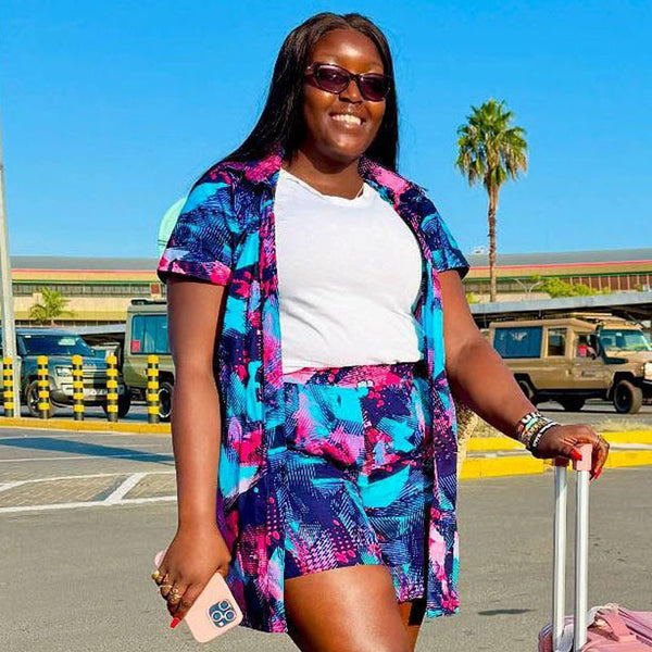 European and American women's clothing vacation short-sleeved cardigan shirt high-waisted casual shorts women's African large-size fashion printed suit summer