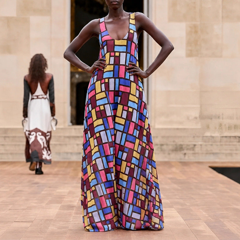 summer new women's fashion: european and american style cross-border dress - stylish and elegant geometric print slip maxi dress