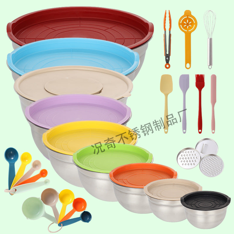 Stainless steel deep salad bowl with color-sprayed lid, round mixing bowl with non-slip silicone base for kitchen use