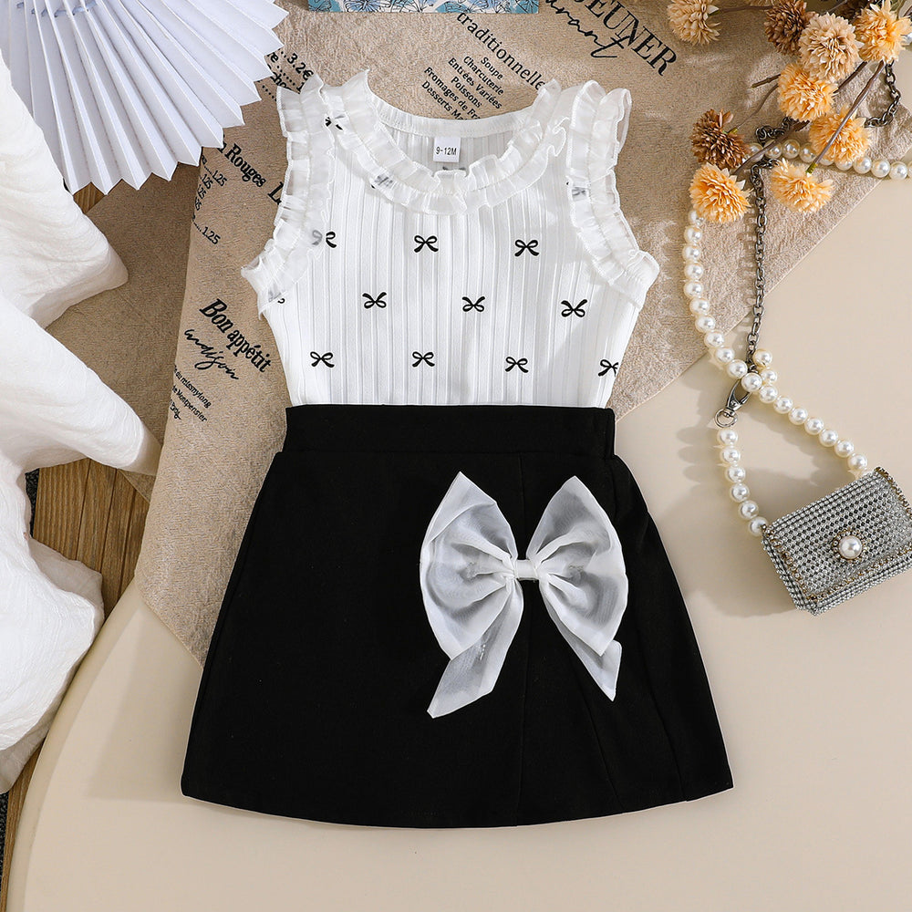 cross-border exclusive: girls' preppy style outfit - lace bow + mini skirt sleeveless dress two-piece set