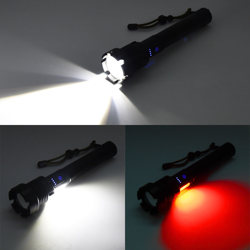 Direct sales flashlight P70/P90 + COB red and white light, strong light flashlight USB charging outdoor zoom LED flashlight