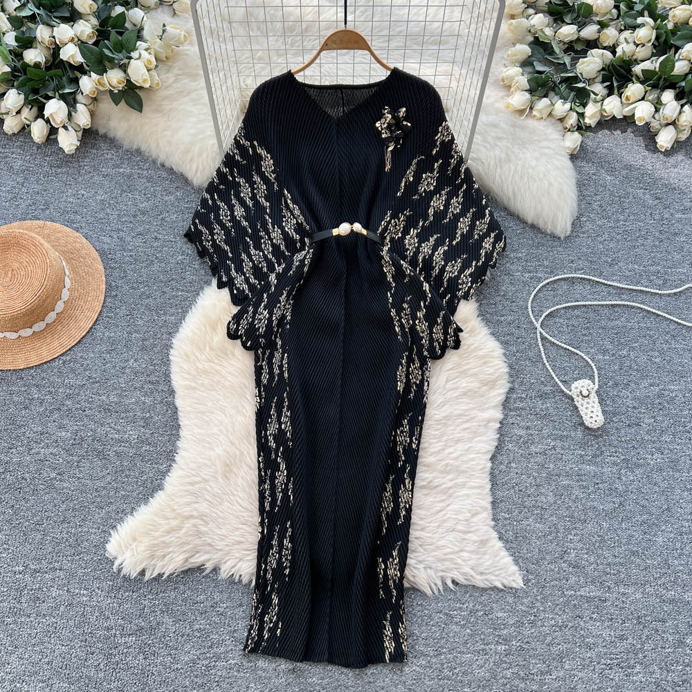 Miya pleated european and american dress - fashionable 3d floral tie-waist printed pleated slim-fit batwing sleeve maxi dress