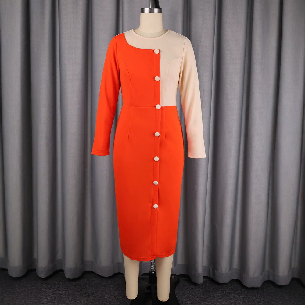 Autumnew arrivalpatchworkcontrast colorlong sleeves one-step skirt single-breasted silm hip-hugging work clothingdress dress
