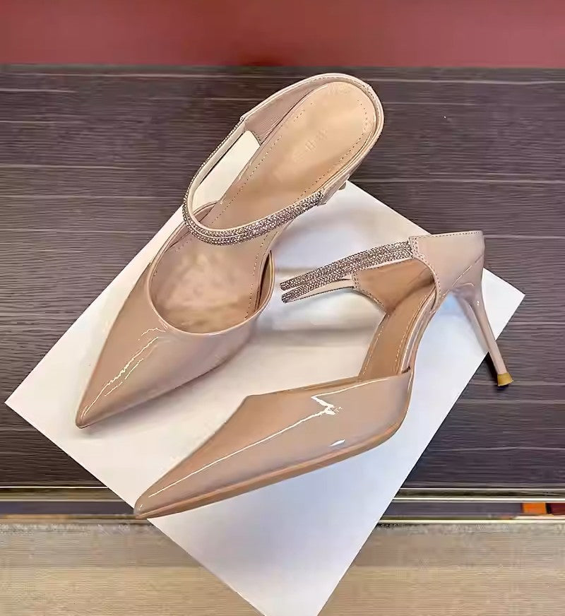 2026autumnew arrival pointed toe diamond strap high heels stiletto women's royal sister elegantoutwearsexy toe cap cool half slippers