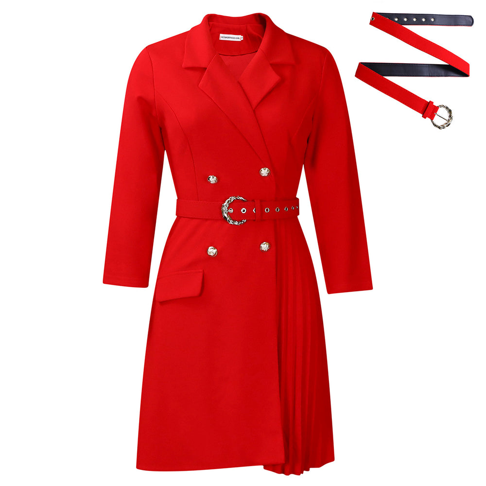 D3284  new arrival: high-waisted, slim-fit, pleated, patchwork midi blazer dress for export