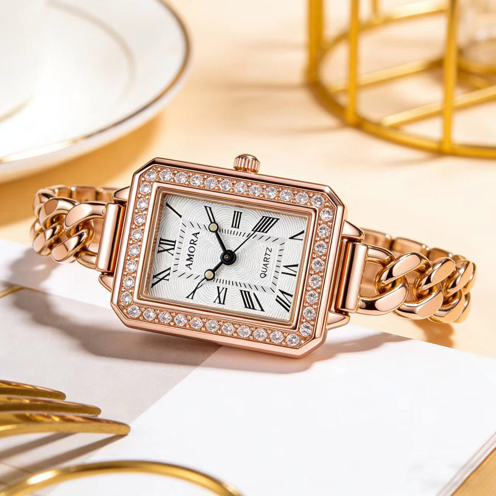 New square diamond-accented quartz watch - elegant, business-ready, and unique bracelet watch for women. a stylish timepiece