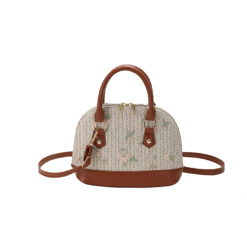 Straw shell bag women's retro high-end handbag 2025 new fashion lace embroidered shoulder messenger bag