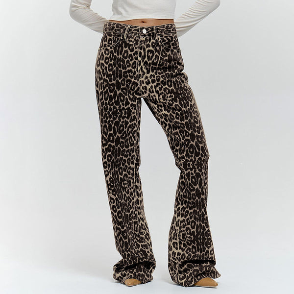 Retro street style loose leopard print casual trousers versatile pure cotton wide-footed trousers  European and American wholesale women