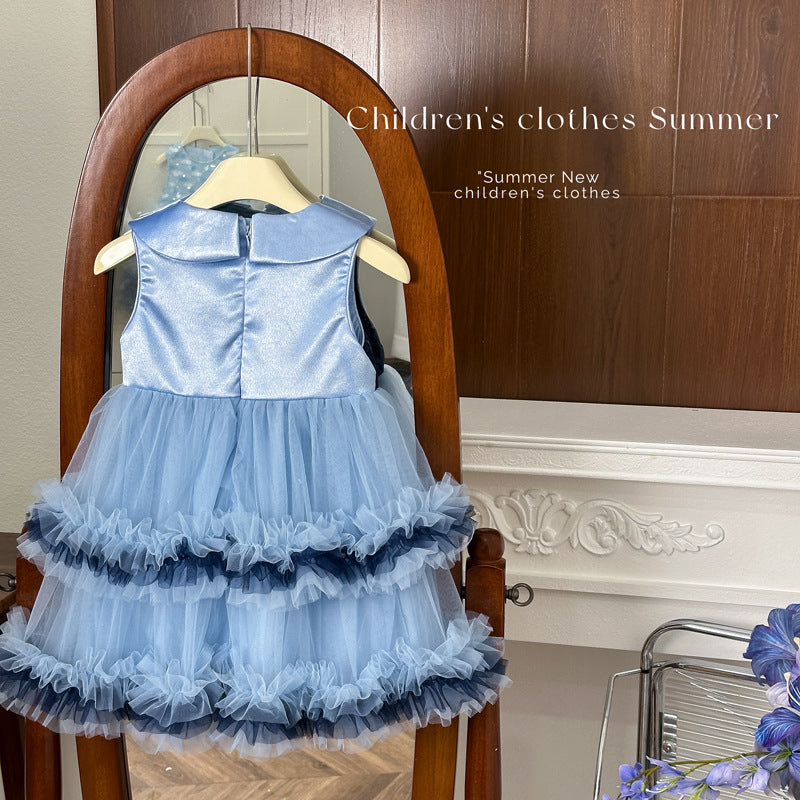Girls' sleeveless summer dress  - birthday party princess dress, trendy lace cake skirt