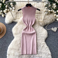 Sophisticated and elegant, this sleeveless, mock-neck knit dress is perfect for women's summer wear. featuring a korean-inspired design, this figure-flattering a-line dress is ideal for both work and casual outings