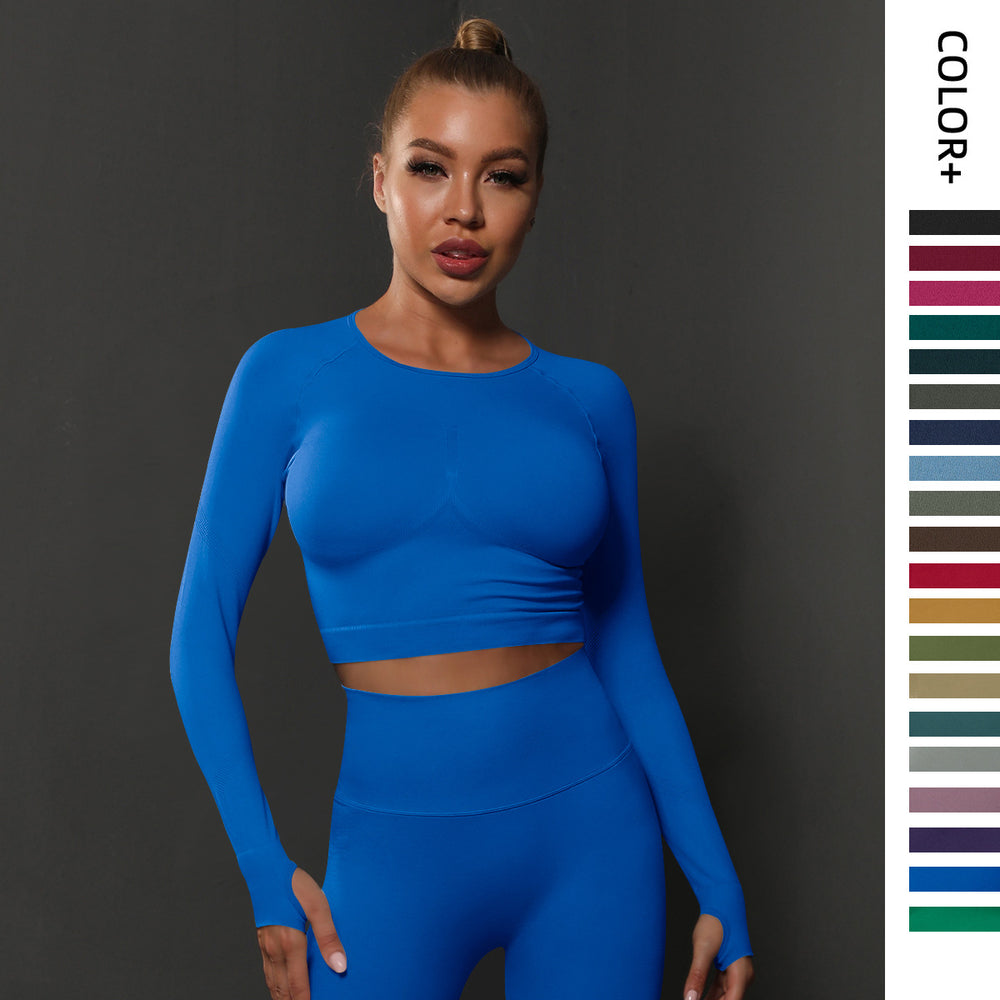 fashion seamless tight pure color pleated sports long sleevestops high elastic breathable running fitness yoga wear for women