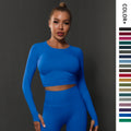 fashion seamless tight pure color pleated sports long sleevestops high elastic breathable running fitness yoga wear for women