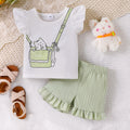 Children's clothing  fashion children's clothing kitten pattern white t-shirt + green shorts for women