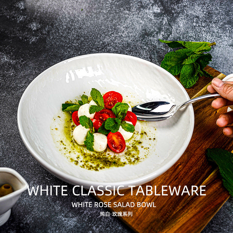 Scandinavian creative embossed ceramic noodle bowl for home restaurant stylish high-looking pure white fruit salad bowl soup bowl