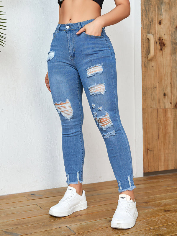 Wish washed  frayed fringed jeans women's  Europe and America slim high elastic small feet trousers