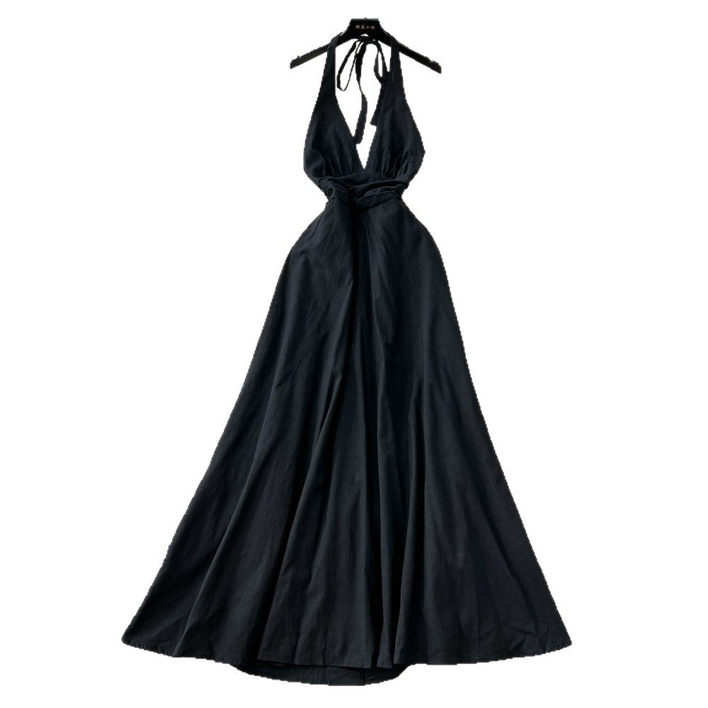 Vacation style halter pure desire dress women's spring and summer yellow a-line skirt high waist waist atmosphere fairy skirt