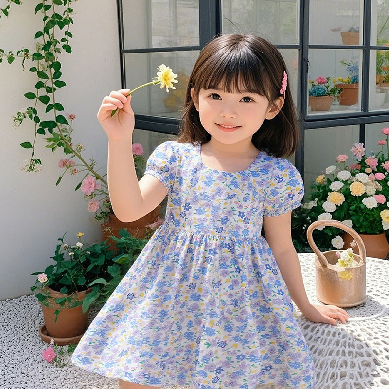 Girls' summer floral dress - trendy bubble sleeve sundress for kids - stylish cartoon print dress