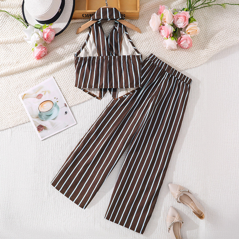 Girls' summer outfit set : new cross-border style - minimalist color block striped halter sleeveless vest top and pants