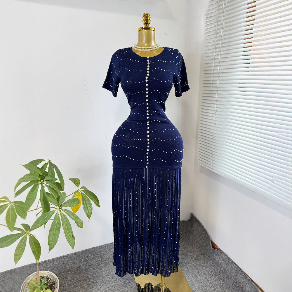 export french chic pearl embellished short-sleeve knitted dress - women's fitted waist pleated elegant maxi dress