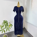 export french chic pearl embellished short-sleeve knitted dress - women's fitted waist pleated elegant maxi dress