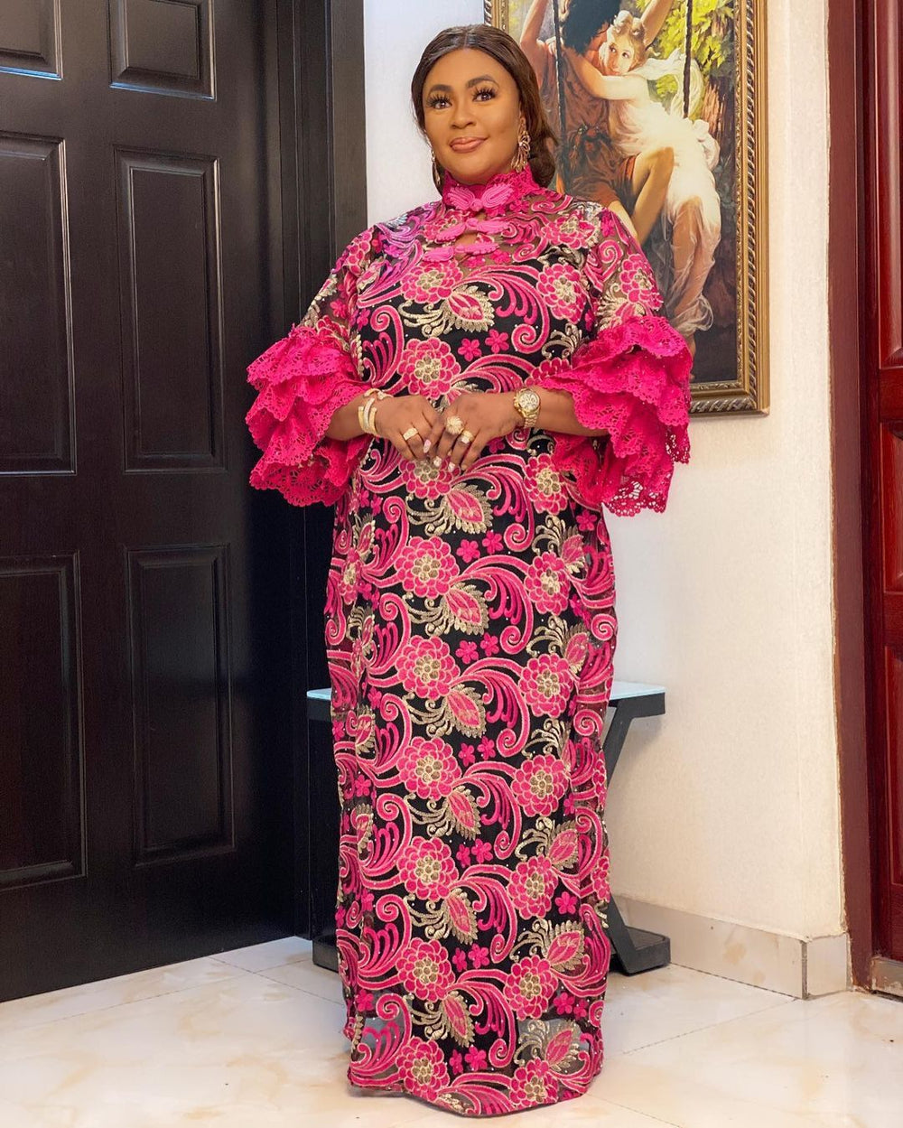 African women's lace robe - cross-border supply, elegant commute style, embroidered cake sleeves, loose fit maxi dress