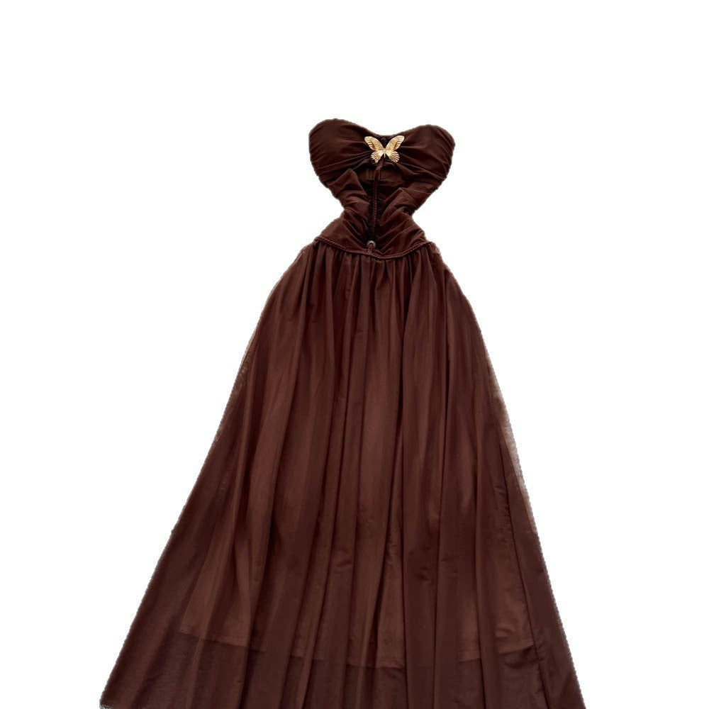 Retrotube top butterfly off-the-shoulder dress women's new arrivalhigh waist waist slimming look a-line mesh long skirt elegant outfit