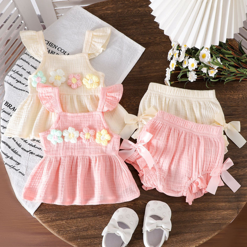 Amazon new arrival: summer solid color flutter sleeve floral puff top with bow detail and hip-hugging shorts - infant & toddler clothing