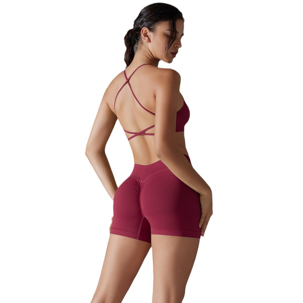 New seamless solid color criss-cross back high-elasticity compression sports bra and leggings set - perfect for running and fitness