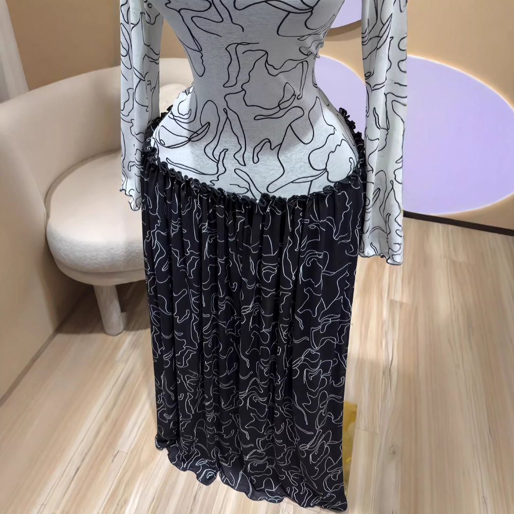 European and american cross-border women's fashion  spring new arrival: long-sleeved, round neck, printed, slim-fit, pleated, patchwork maxi dress