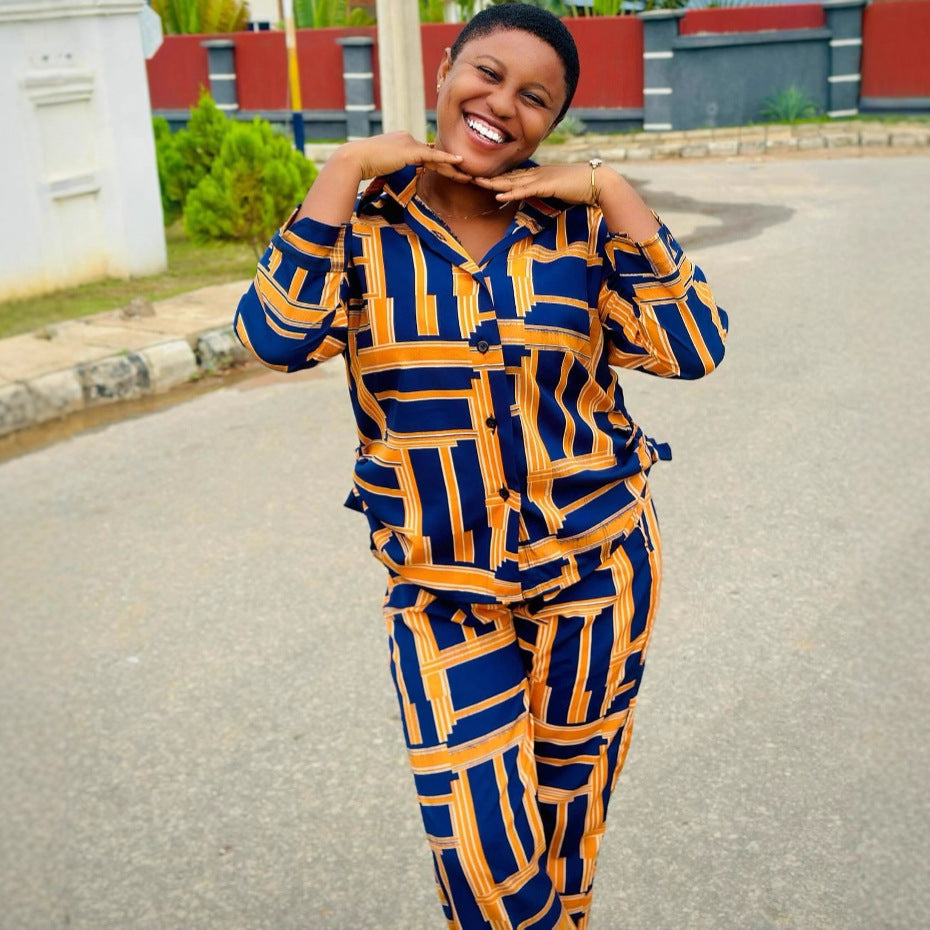 European and American large-size lapel-neck printed cardigan shirt loose casual wide-leg pants African women's clothing foreign fashion suit women
