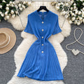 French retro polo collar short sleeve metallic button waist slimming knitted dress - women's summer chic & age-defying mini dress