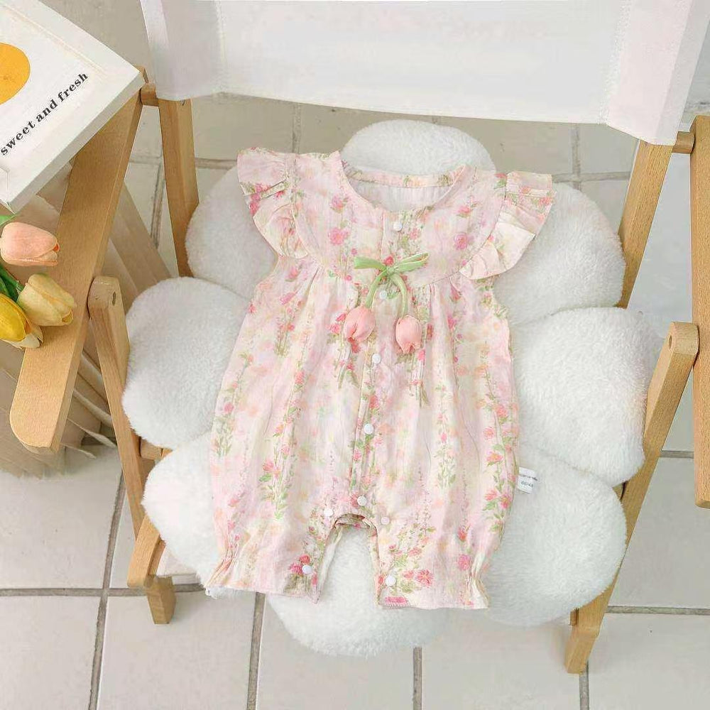 summer new floral baby romper with flutter sleeves - fresh and trendy summer outfit for baby girls