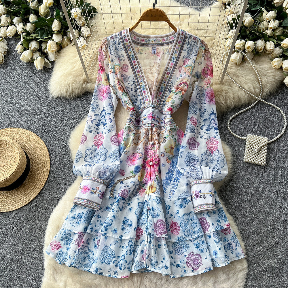 French romantic v-neck floral dress - women's spring/autumn korean style long sleeve high waist tie-waist slimming a-line dress