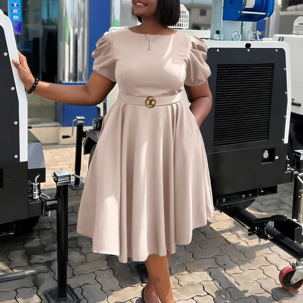 C8601 cross-border women's fashion: european & american  style - round neck, elegant, figure-flattering, a-line dress with puff sleeves and a flowy skirt