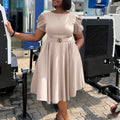 C8601 cross-border women's fashion: european & american  style - round neck, elegant, figure-flattering, a-line dress with puff sleeves and a flowy skirt