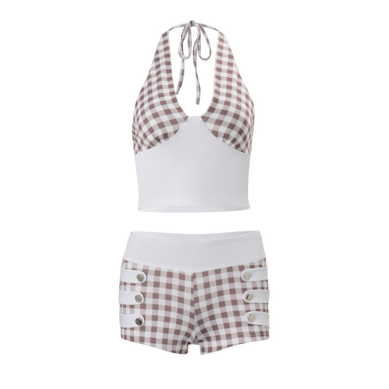 Amazon women's  summer new slim-fit halter neck backless vacation style top & sexy casual shorts set