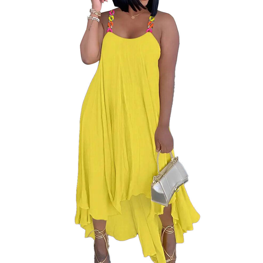 S10547 European and American, sexy, chain shoulder strap solid color irregular large skirt suspender sleeveless dress