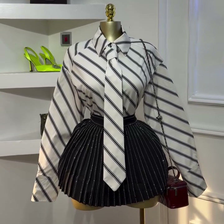 European and american cross-border women's fashion:  spring new arrival - stylish lapel tie-neck striped long-sleeve shirt top