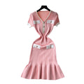 summer women's chic chanel-inspired v-neck knit dress: slimming, figure-hugging, short-sleeve, bodycon fishtail mini dress