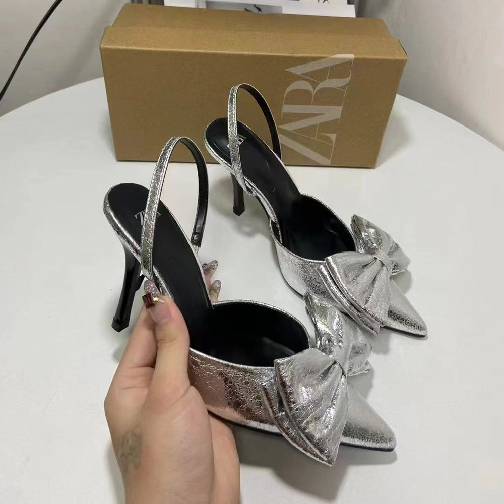 2024za new spanish trendy brand silver pointed-toe bow heels with metallic crackle detail and slingback stiletto heels for women