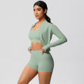 European and american solid color brushed fleece compression quick-dry yoga set - short length cloud-like outdoor running fitness activewear three-piece set