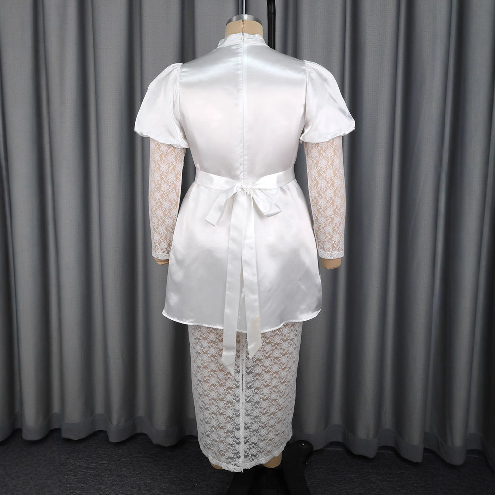 satinlacepatchwork high collar puff sleeve dress tie back waist slimming look party evening dress dress