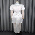 satinlacepatchwork high collar puff sleeve dress tie back waist slimming look party evening dress dress