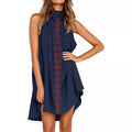 European and american cross-border women's fashion  autumn new sleeveless halter neck printed pleated asymmetrical elegant dress