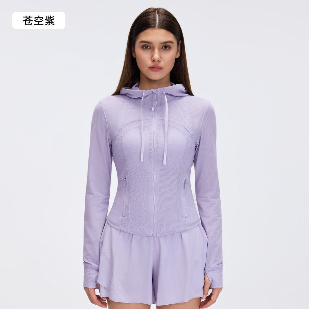 Breathable mesh hooded yoga jacket - women's slim fit, barely-there feel, zip-up running & workout jacket d26056